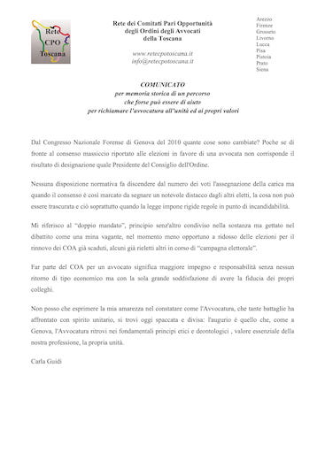 Comunicato Rete CPO Toscana - Per richiamare l'avvocatura all'unità e ai propri valori